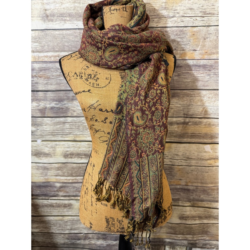 Burgundy Paisley Pashmina Shawl Reversible Floral Jacquard Fringe Scarf Wrap